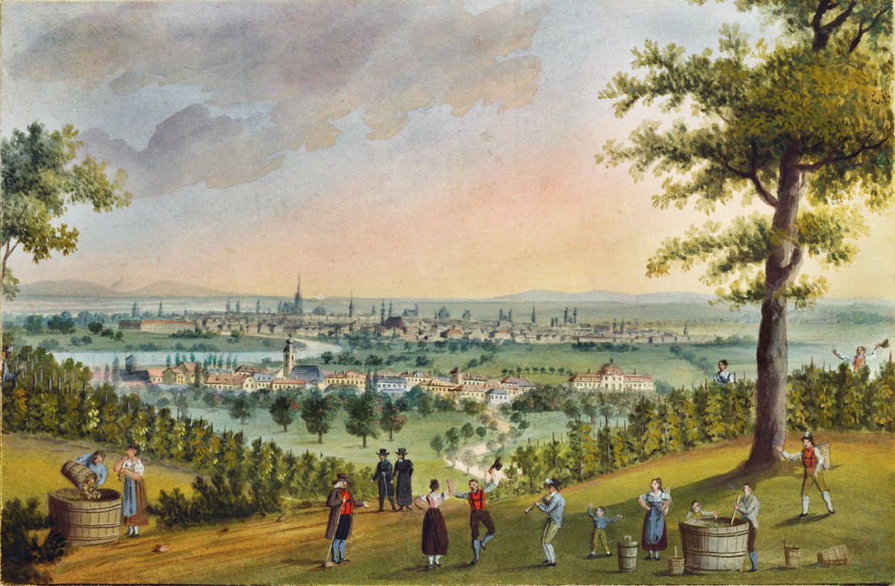 Druehøst-festival i vinmarkerne over Heiligenstadt, med udsigt over Wien ... (gouache) af Balthasar Wigand