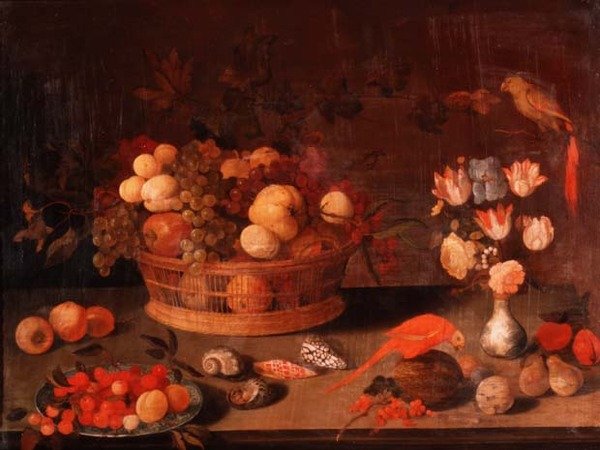 Et stilleben med ferskner, æbler og druer i en flettet kurv, blomster i en kinesisk vase og to papegøjer på et bord af Balthasar van der(follower of) Ast
