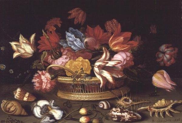 En kurv med blomster og skaller på en afsats (oliepanel) af Balthasar van der Ast