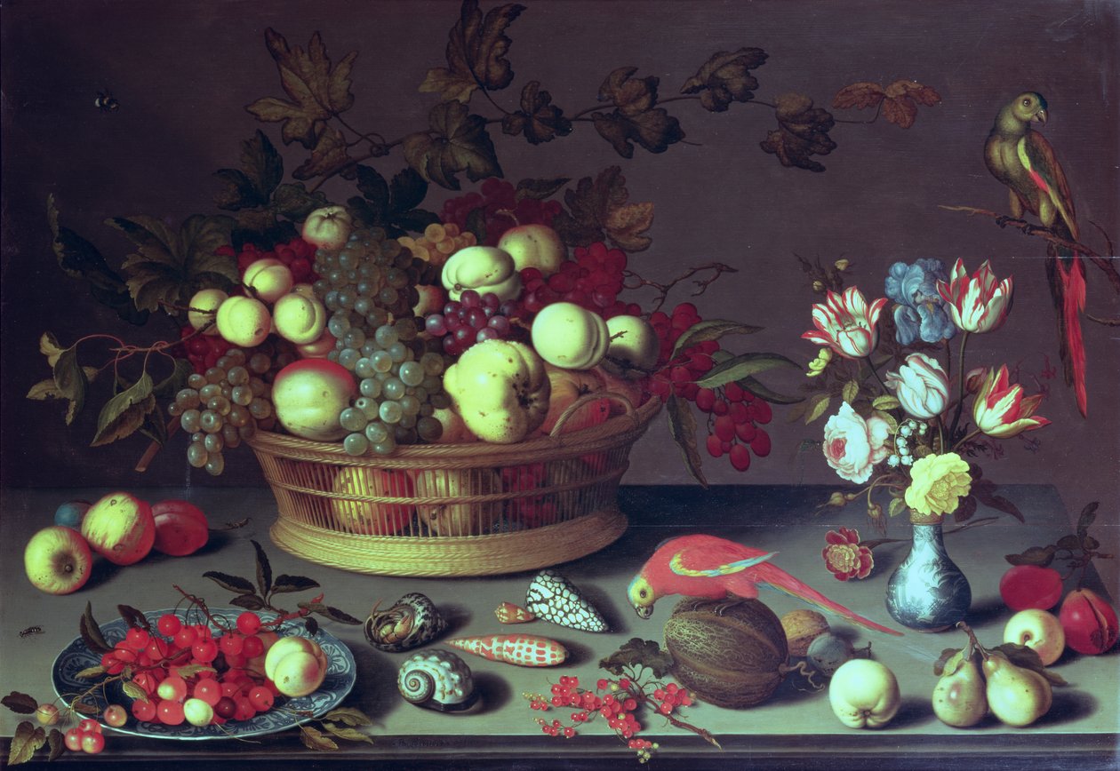 En kurv med druer og anden frugt (olie på panel) af Balthasar van der Ast