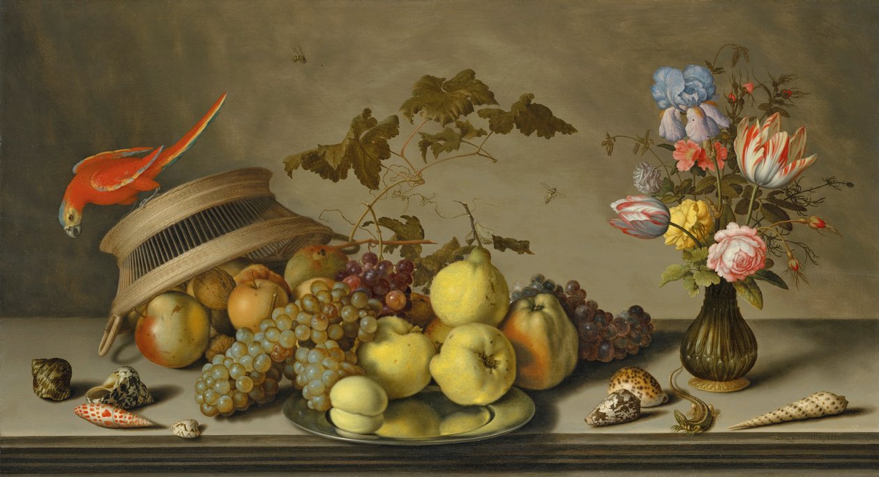 En undulat på en væltet kurv, med frugt, en tintallerken, en blomstervase, insekter, et firben og skaller på en stenkant af Balthasar van der Ast