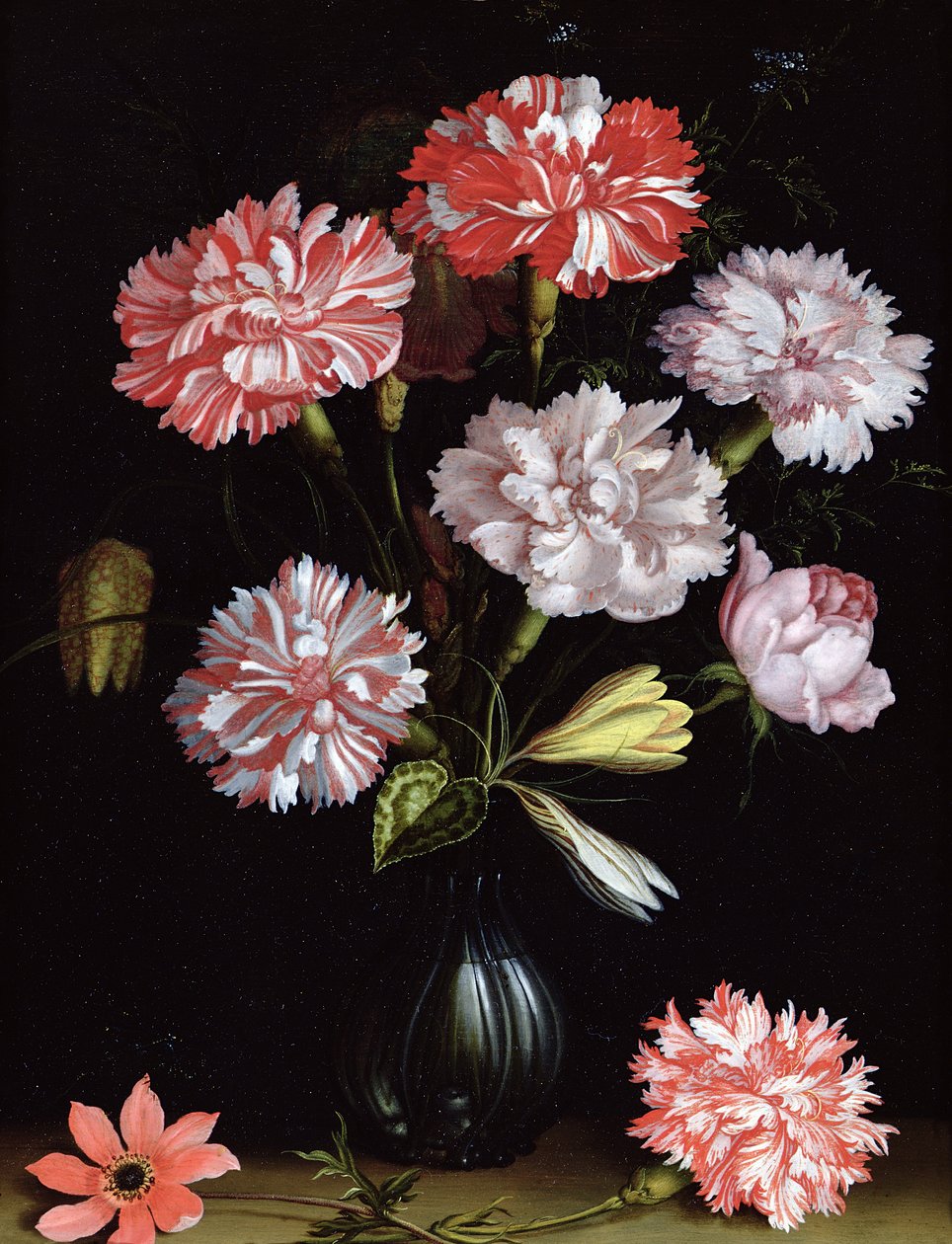 Blomsterstudie: nelliker i en vase (olie på panel) af Balthasar van der Ast