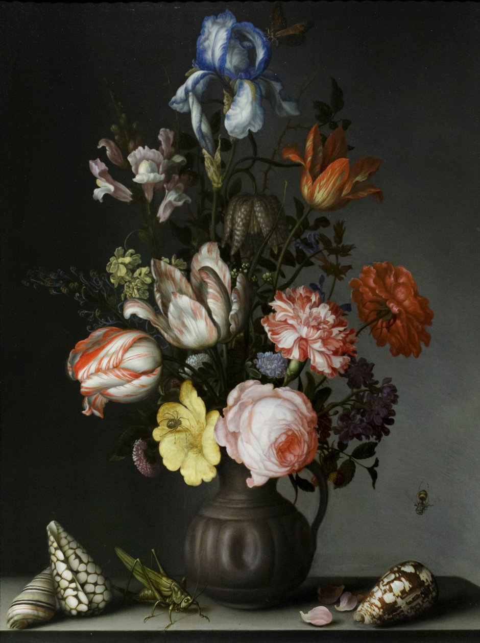 Blomster i en vase med skaller og insekter, ca. 1630 (olie på egetræ) af Balthasar van der Ast
