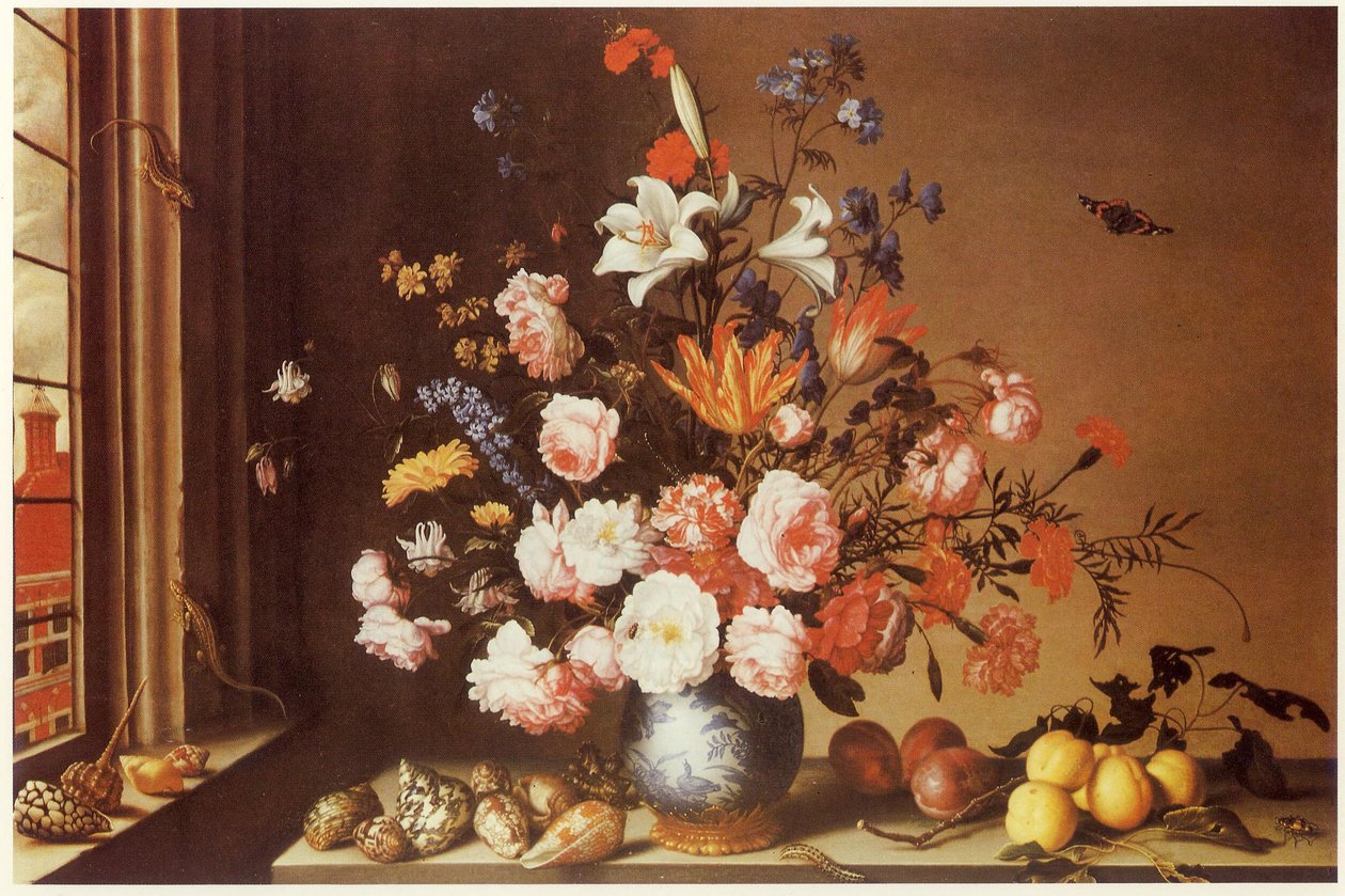 Interiør med stor buket, skaller, frugter og firben af Balthasar van der Ast