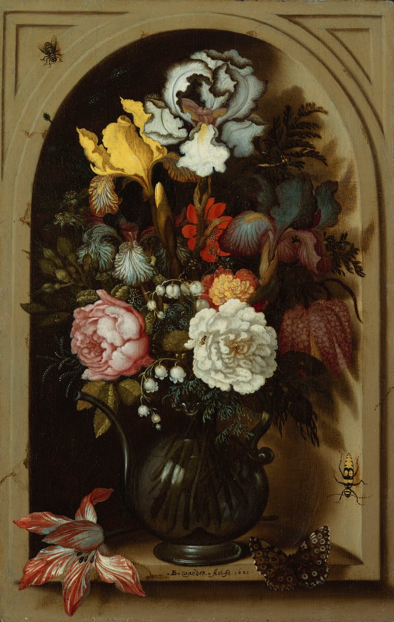Iriser, roser, liljekonval og andre blomster i en glasvase i en niche, 1621 af Balthasar van der Ast