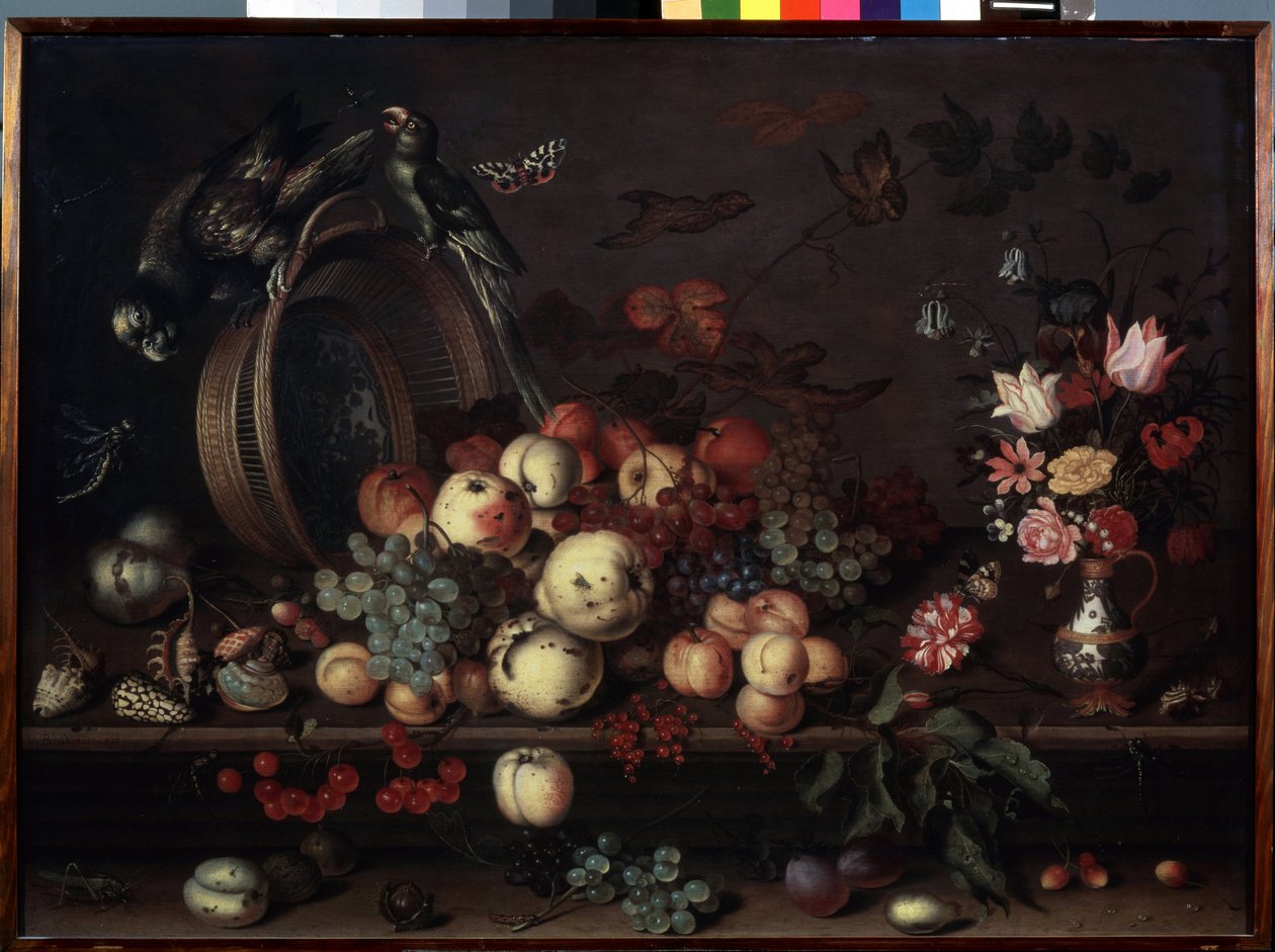 "Stilleben med frugter, blomster og papegøjer" (også kaldet "Stilleben med frugter, skaller og insekter") Maleri af Balthasar van der Ast (1593/4-1657 ) omkring 1620 Dim. 75x104 cm Ermi Museum af Balthasar van der Ast