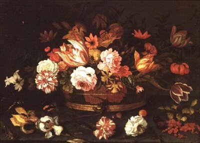 Roser, tulipaner i en kurv af Balthasar van der Ast