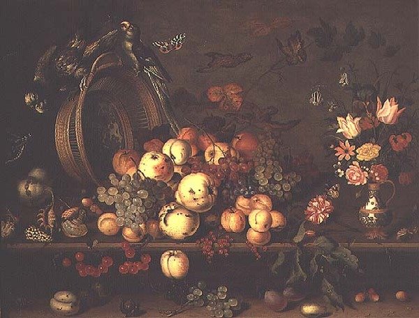 Stilleben med frugt, blomster og papegøjer, begyndelsen af 1620
