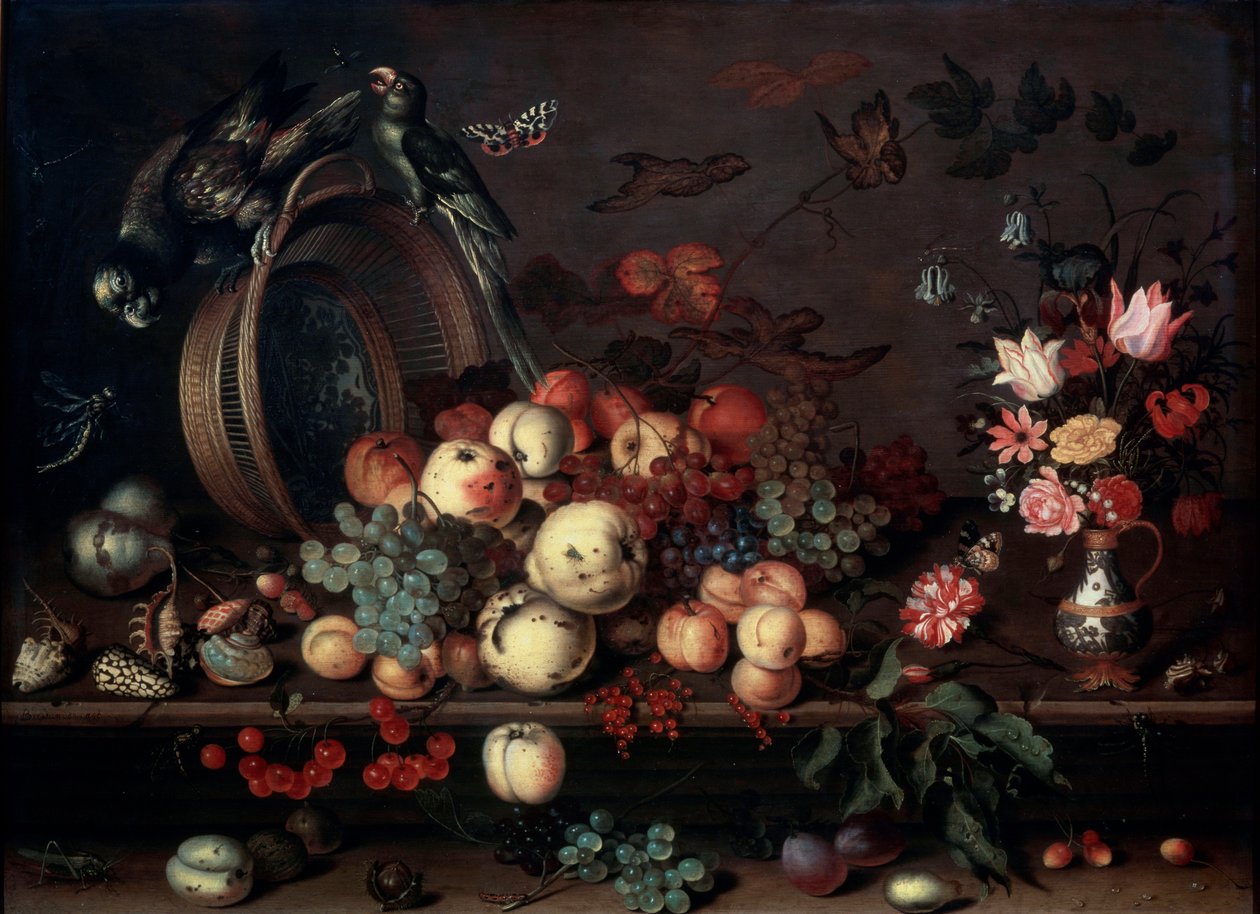 Stilleben med frugter, blomster og papegøjer, 1620