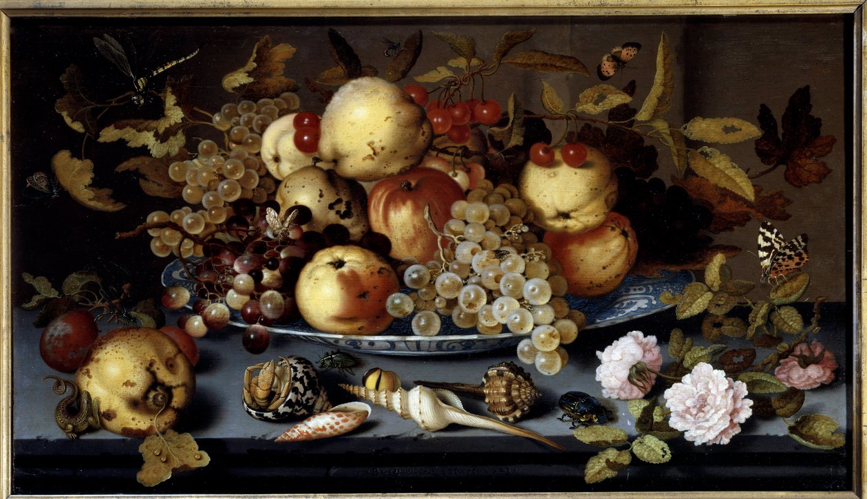Stilleben af frugter, blomster, skaller og insekter. Maleri af Balthasar Van Der Ast (1590-1656) Ec. Hol af Balthasar van der Ast