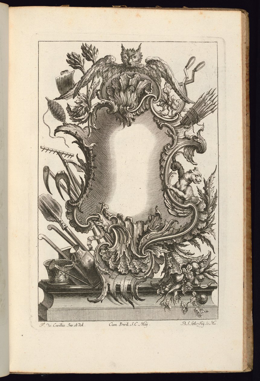Cartouche med ugle, bog med uregelmæssige kartoucher af Balthazar Sigismond Setlezky