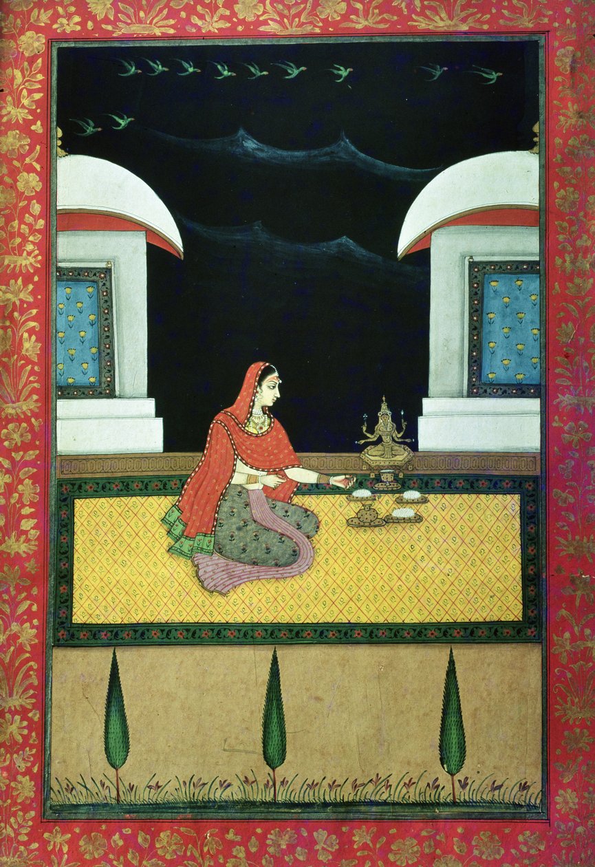 Kvinde siddende på et tæppe, 1750 (gouache på papir) af Bangazi Ragini