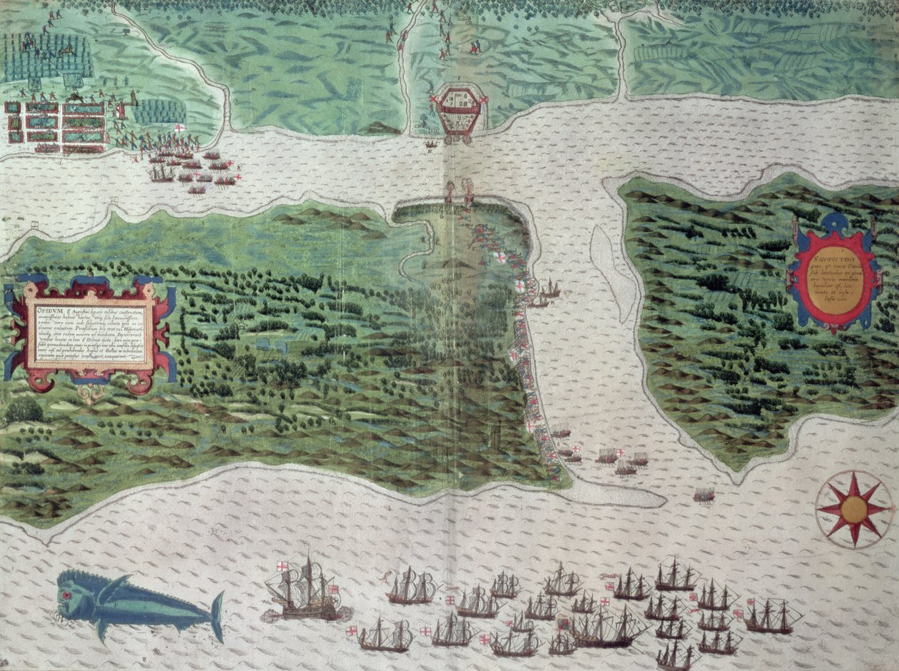 Kort, der viser ødelæggelsen af den spanske koloni St. Augustine i Florida den 7. juli 1586 af den engelske flåde under kommando af Sir Francis Drake (1540-96) 1589 (håndfarvet indgravering) af Baptista Boazio