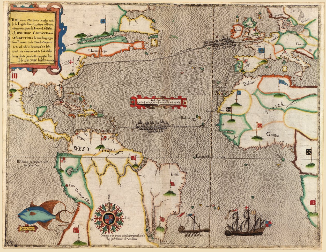 Route of Drakes sejlads over Atlanterhavet, 1586 af Baptista Boazio