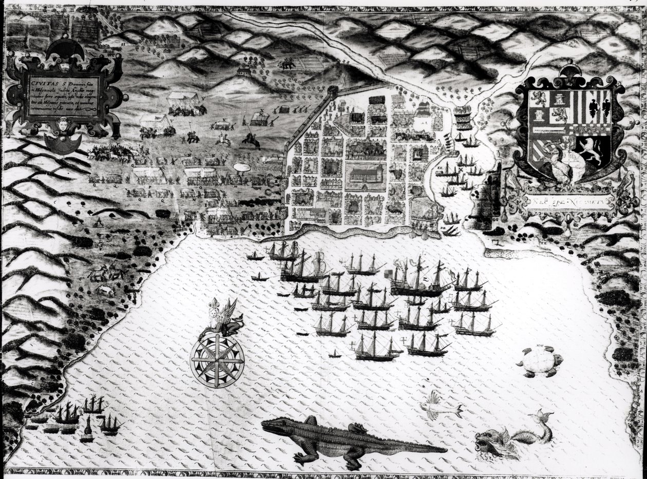 Santiago, Kap Verde, 1589 (håndfarvet gravering) af Baptista Boazio