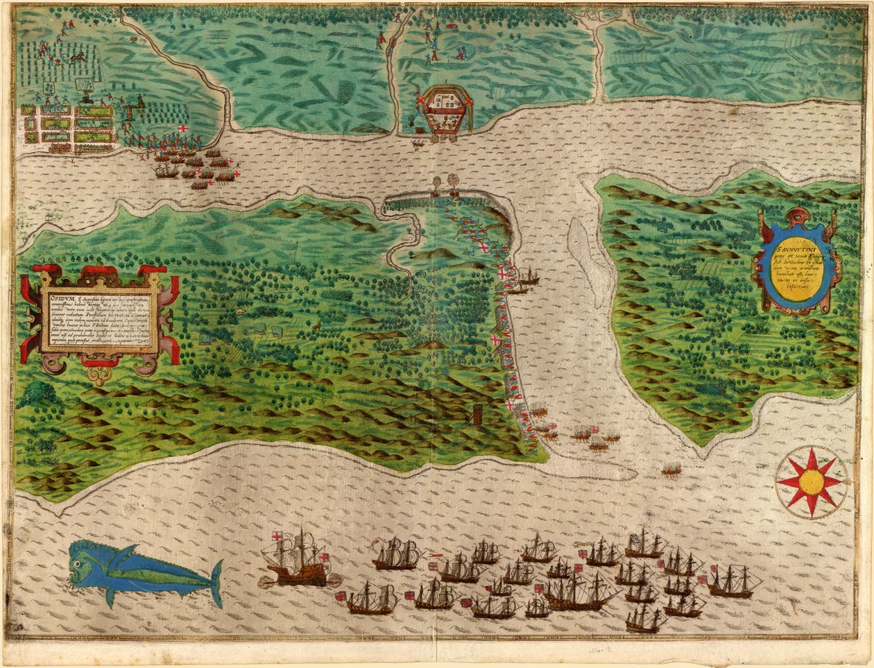 Augustine fra Drakes West Indian Voyage 1585 - 86, pub. 1589 (håndfarvet gravering) af Baptista Boazio