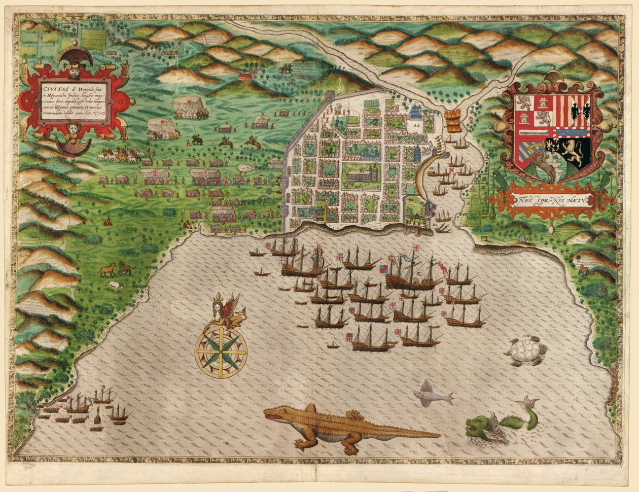 Tilfangetagelse af den spanske bosættelse Santo Domingo i Hispaniola af Baptista Boazio