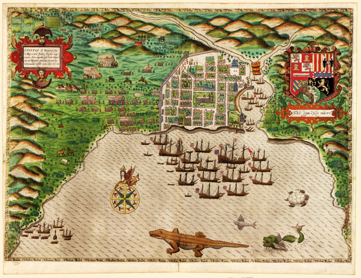 Domingo, fra Drakes West Indian Voyage 1585 - 86, pub. 1589 (håndfarvet gravering) af Baptista Boazio