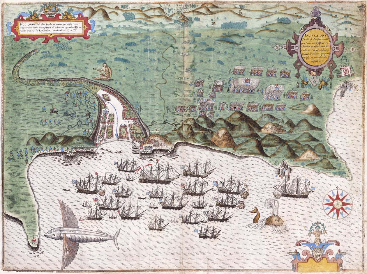 Udsigtsplan for Santiago, Kap Verde-øerne, der viser Sir Francis Drakes angreb på det spanske fort den 17. november 1585, ca. 1588-9 af Baptista Boazio