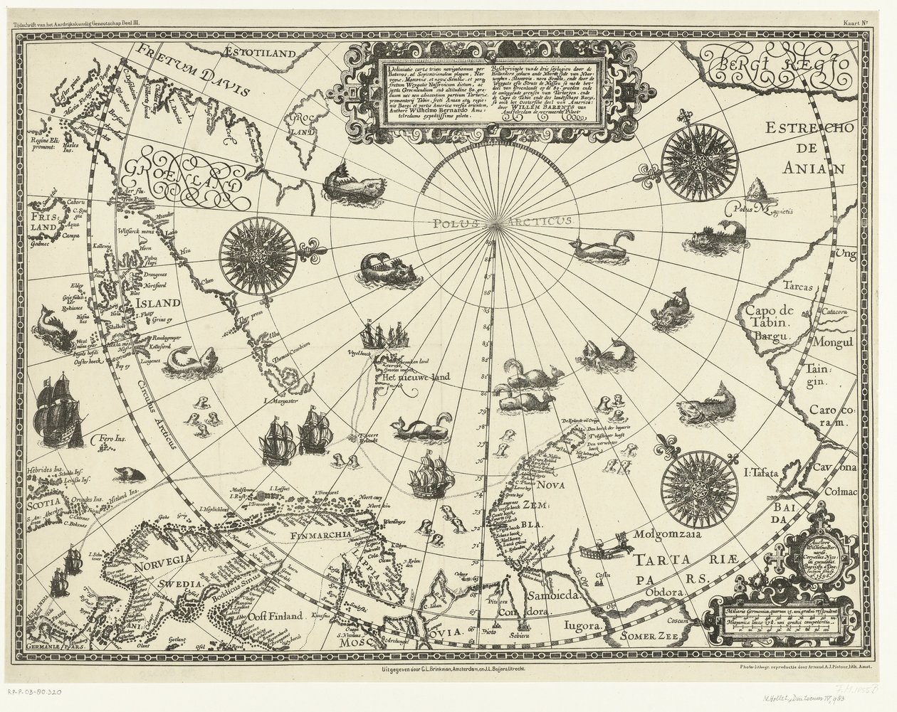 Kort over landene omkring polarcirklen med hollændernes tre rejser i 1598 af Baptista van (after) Doetechum