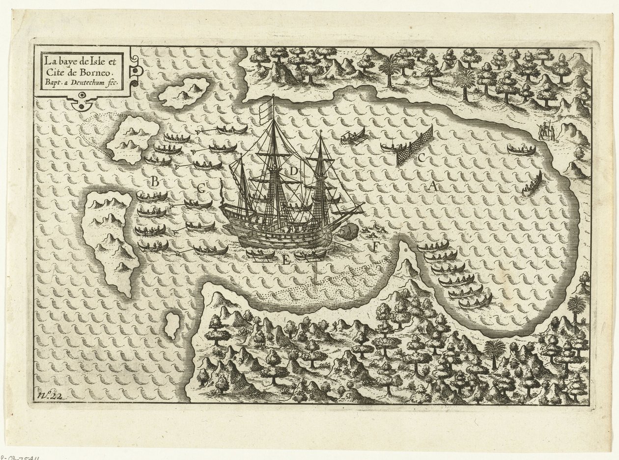 Aankomst op Borneo, 1600 La baye de Isle et Cite de Borneo (titel op object), RP-P-OB-75.411 af Baptista van Doetechum