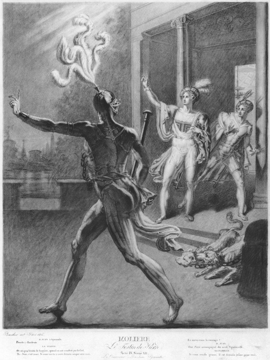 Don Juan og Commendatore, illustration fra Akt IV, scene 12 af Don Juan, eller Le Festin de Pierre af Moliere, 1815 (sort foto) af Barathier