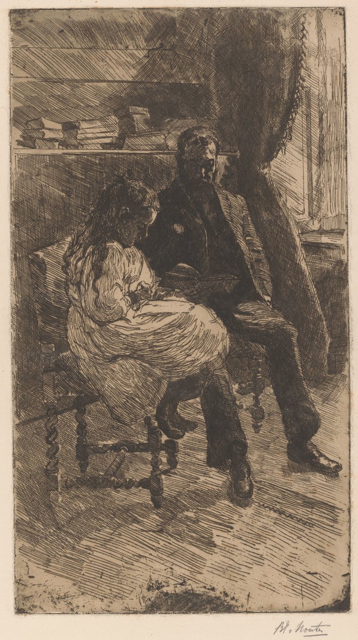 Interiør med en mand og en pige, der læser en bog sammen af Barbara Elisabeth van Houten (signed by artist)