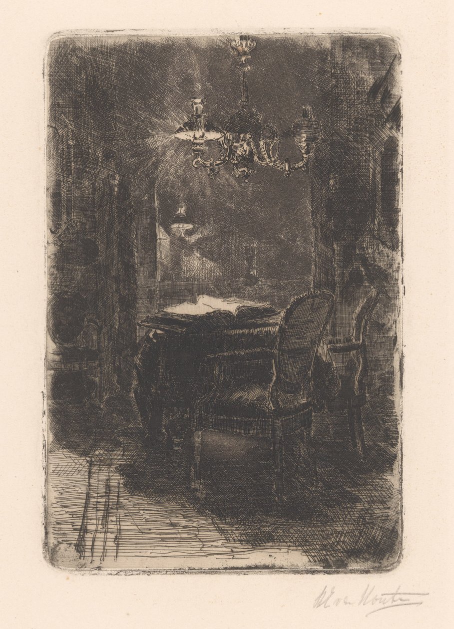 Interiør med spejl og bord med åben bog af Barbara Elisabeth van Houten (signed by artist)