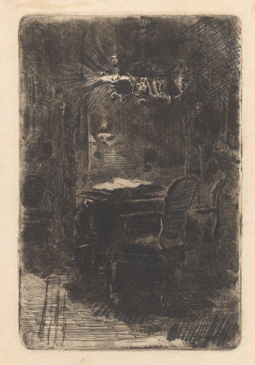 Interiør med spejl og bord med åben bog af Barbara Elisabeth van Houten