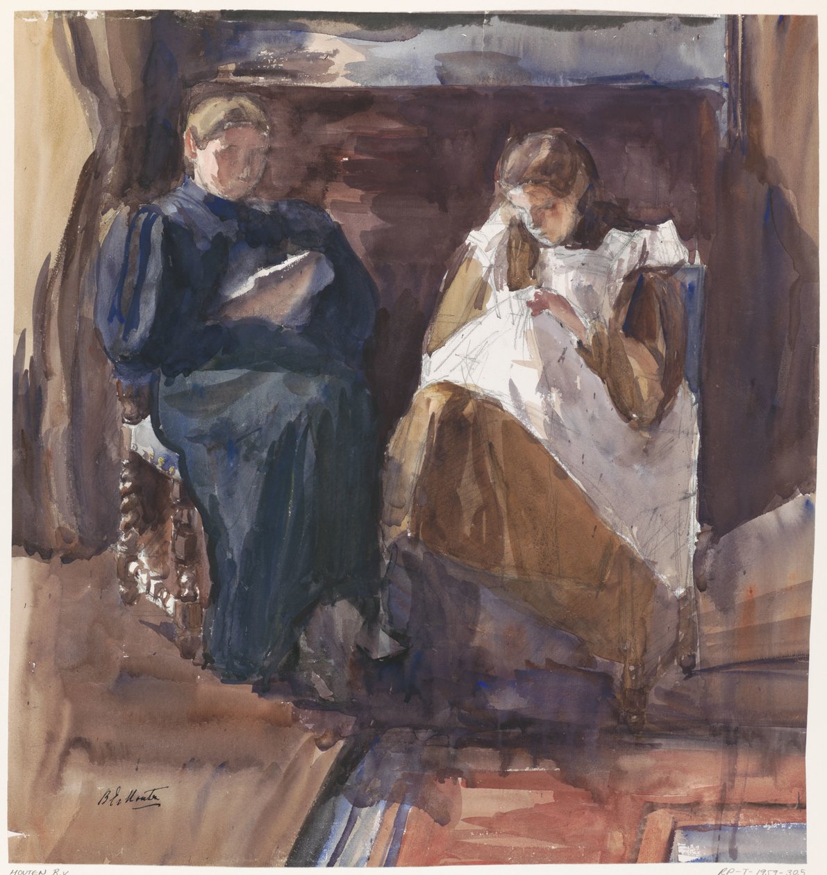 Læsende dame og broderende pige, set forfra, i huset på Riouwstraat 6, i Haag af Barbara Elisabeth van Houten