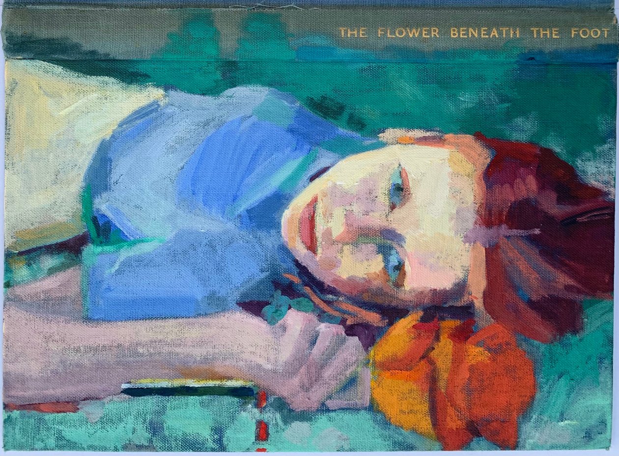 Blomst under foden, 2022 (olie på antikt linned bogomslag) af Barbara Hoogeweegen