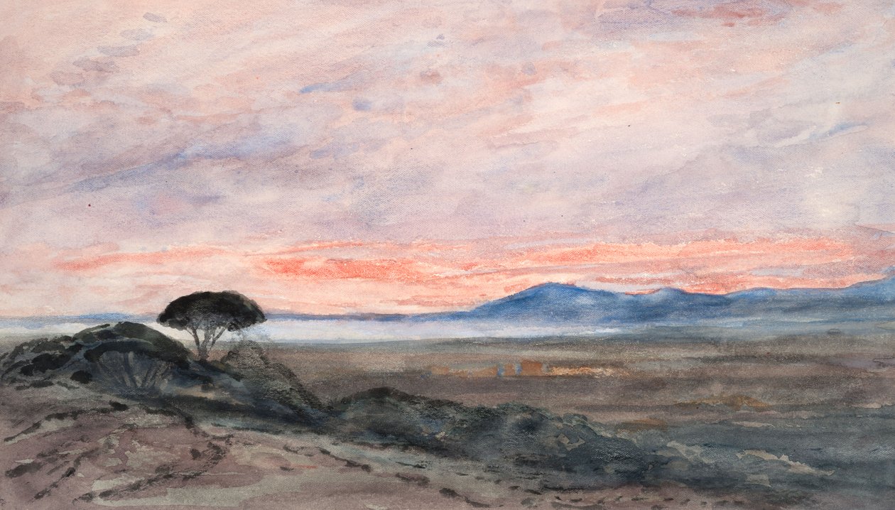 Landskab: Solnedgang (akvarel på vævet papir) af Barbara Leigh Smith Bodichon