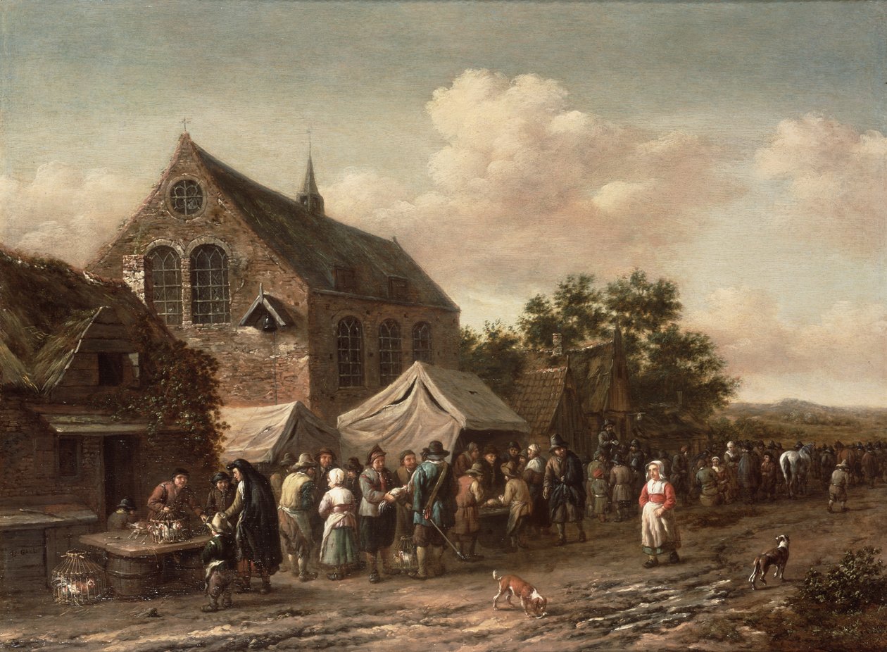 Fjerkræmarked ved en kirke af Barend Gael or Gaal