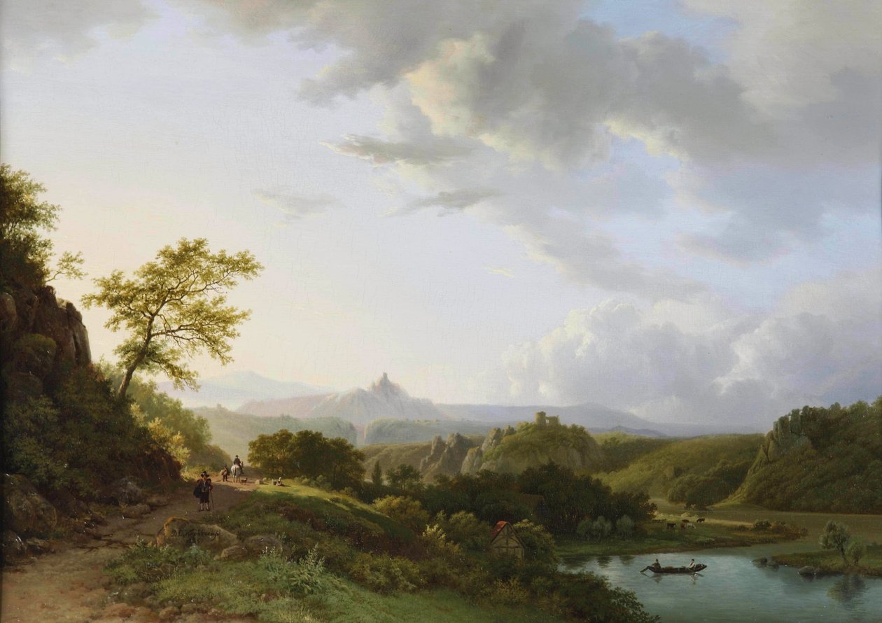 Et panoramisk sommerlandskab med rejsende og en borgruin i det fjerne af Barend Cornelis Koekkoek