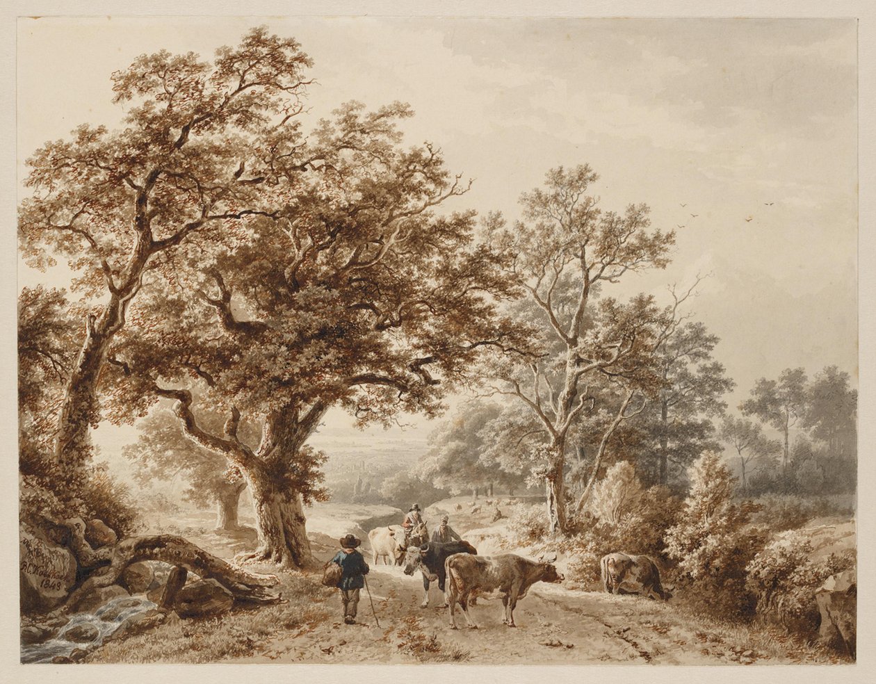 Et landskab med tæt egeskov, befolket med kvæg og figurer af Barend Cornelis Koekkoek