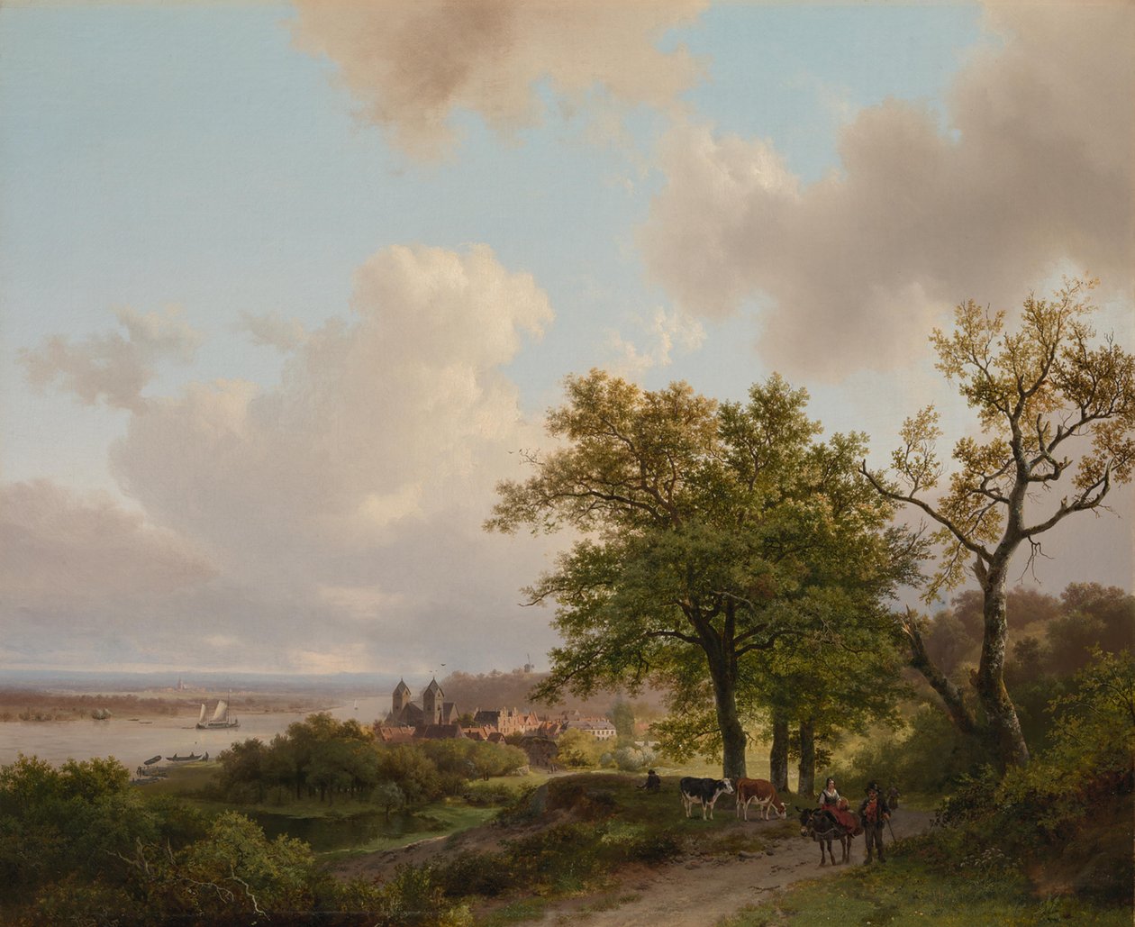 En by ved en flod set fra en højde af Barend Cornelis Koekkoek