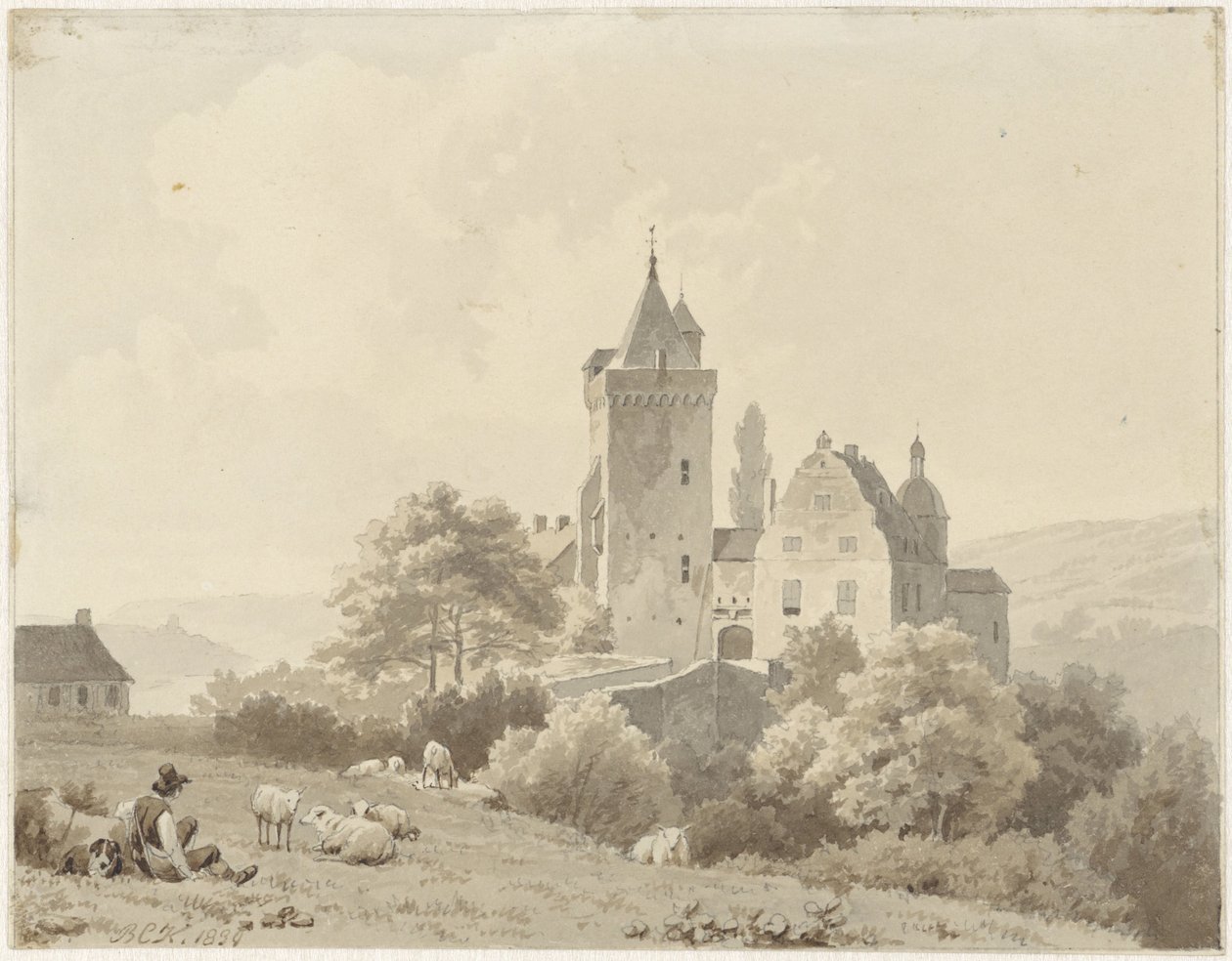 Hvilende hyrde ved Schloss Lansberg af Barend Cornelis Koekkoek