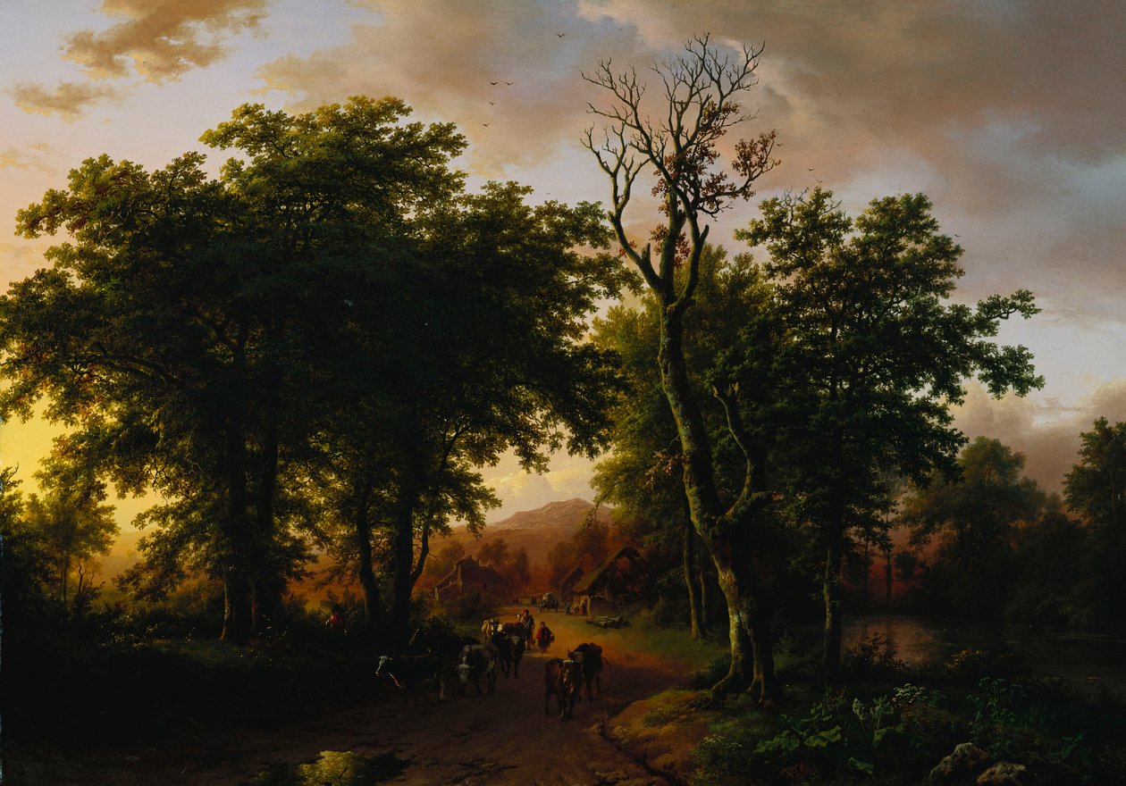 Rejsende på en sti ved solnedgang af Barend Cornelis Koekkoek