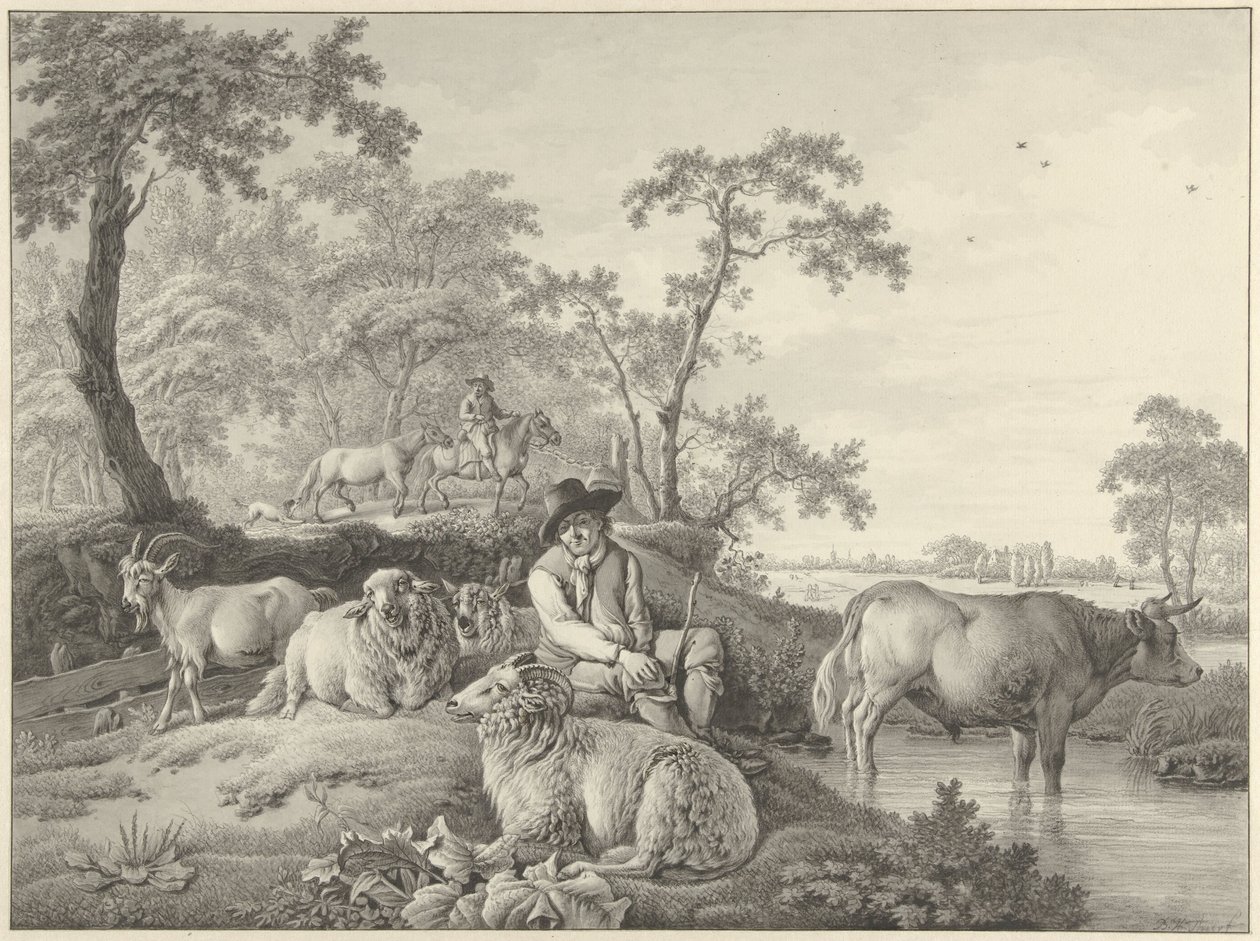 Hyrde med får, en ged og en ung tyr i et landskab af Barend Hendrik Thier