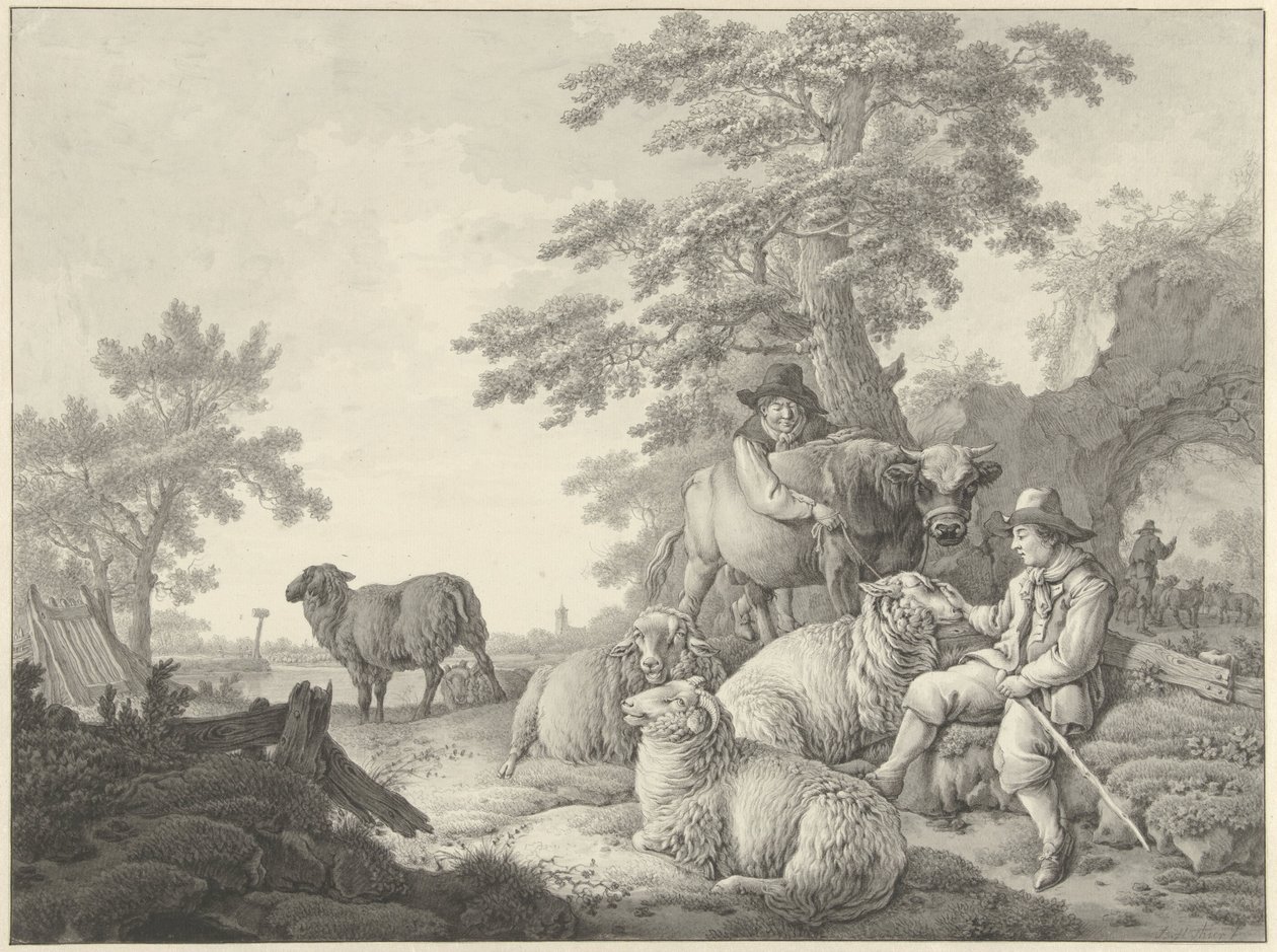 Hyrde med får og en dreng med en ung tyr i et landskab af Barend Hendrik Thier
