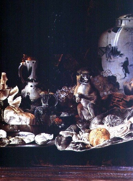 Eksotisk stilleben med abe og kinesisk porcelæn af Barend or Bernardus van der Meer