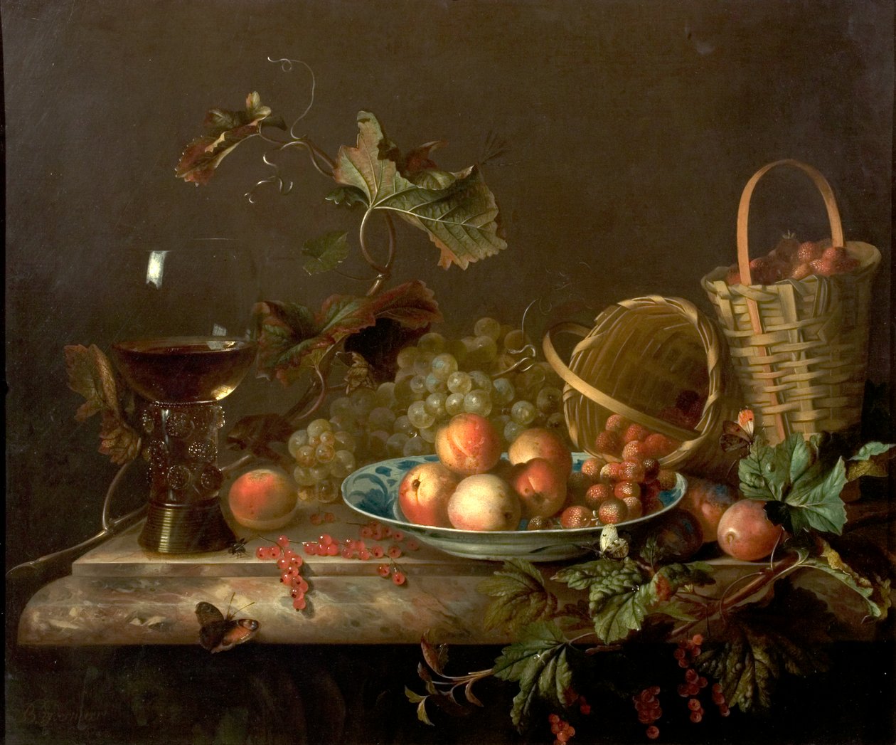 Frugtstykke med vinglas, 1692 af Barend or Bernardus van der Meer