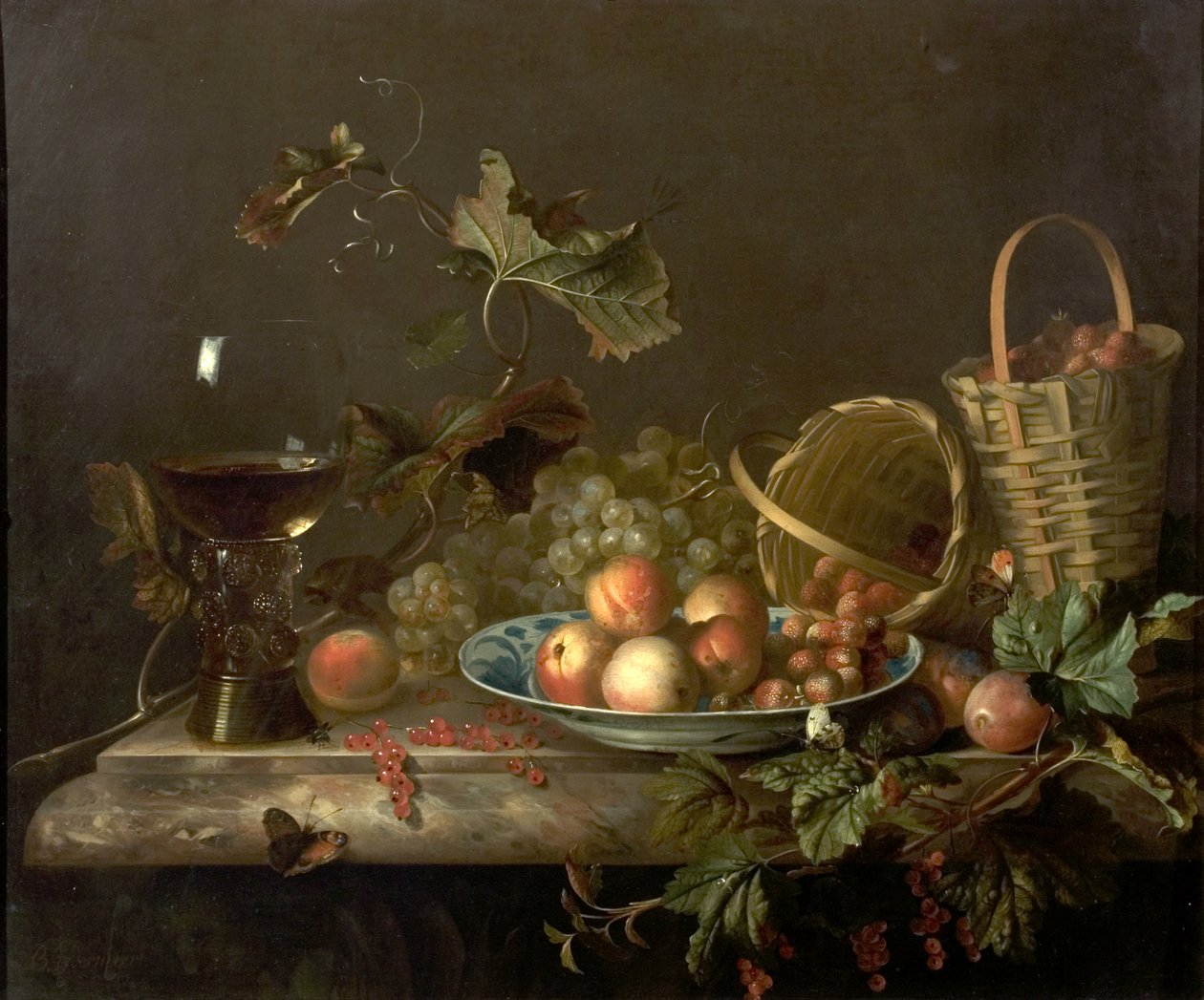 Frugtstykke med vinglas, 1692 af Barend or Bernardus van der Meer