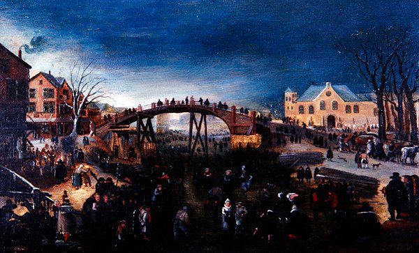 Et vinterlandskab med kunstskøjteløb og leg, ca. 1640-50 (olie på panel) af Barent (follower of) Avercamp