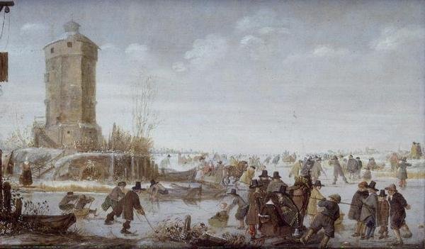 Skatere og elegante figurer med hestetrukne slæder på en frossen flod ved et tårn af Barent Avercamp