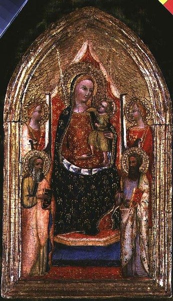Madonna og barn på tronen med St. Bartholomew og andre hellige af Bargello Master