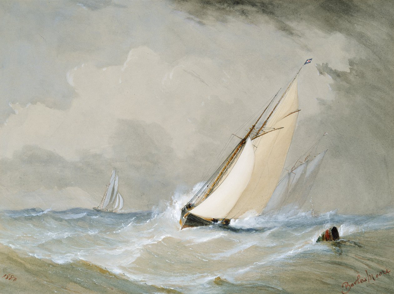 Miranda arbejder ind fra Weilingen Light Ship in a Heavy Wind - Oostende 1880 af Barlow Moore