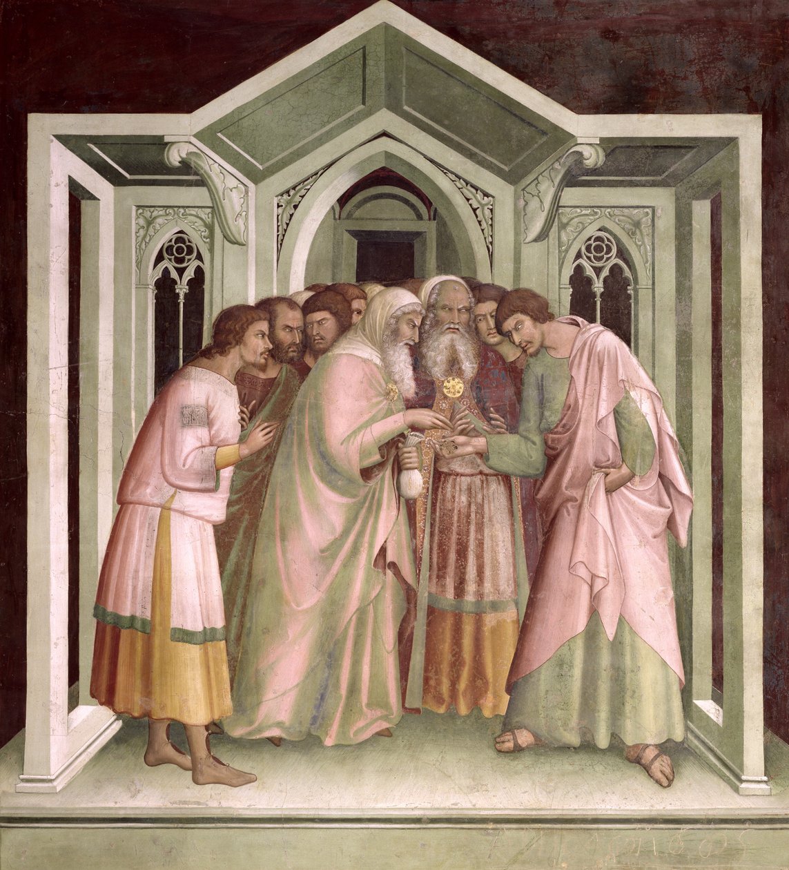 Judas modtager betaling for sit forræderi fra en række scener i Det Nye Testamente af Barna da Siena