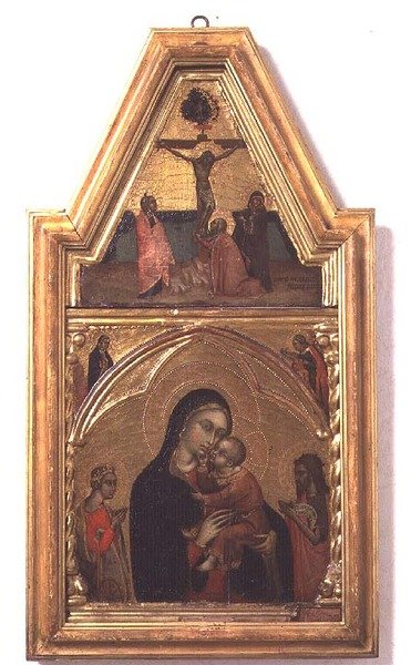 Madonna og barn med St. Johannes Døberen og St. Catherine, med korsfæstelsesscenen ovenfor af Barnaba da Modena