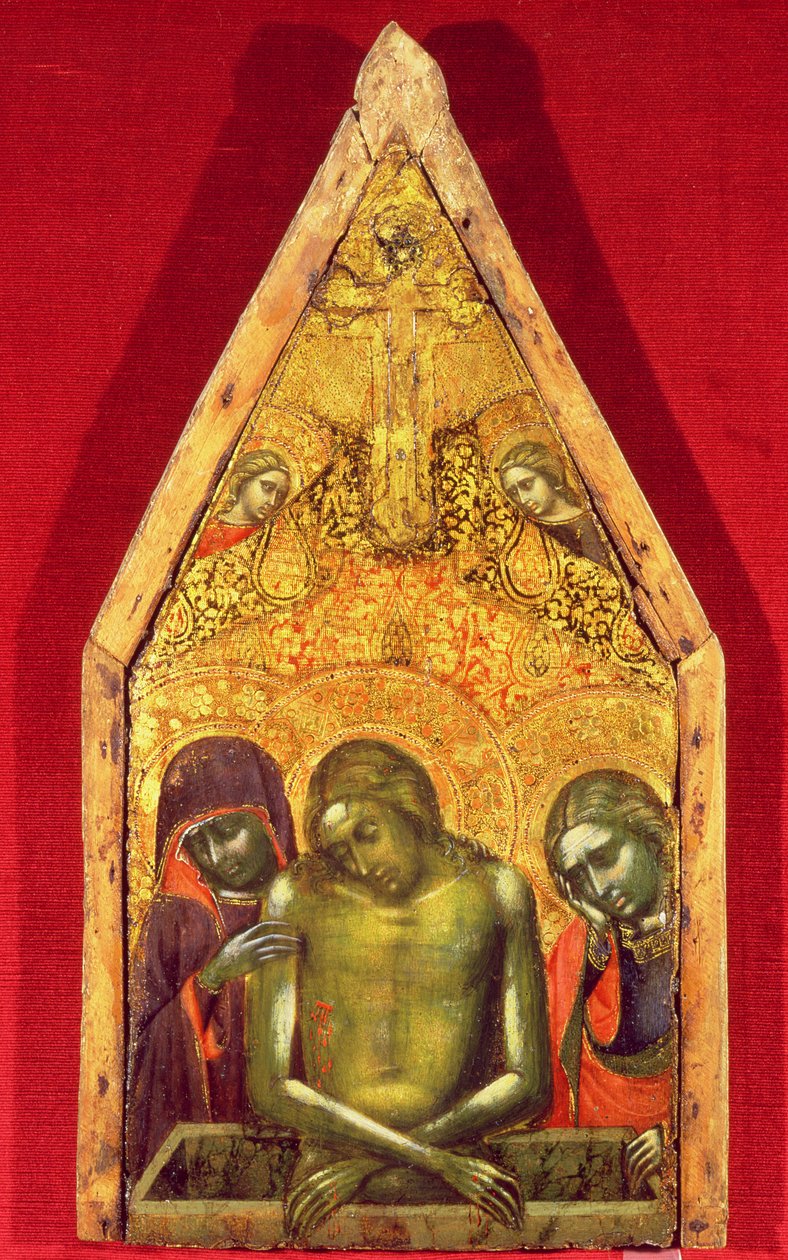 Pieta tempera på panel med påført tekstil af Barnaba da Modena